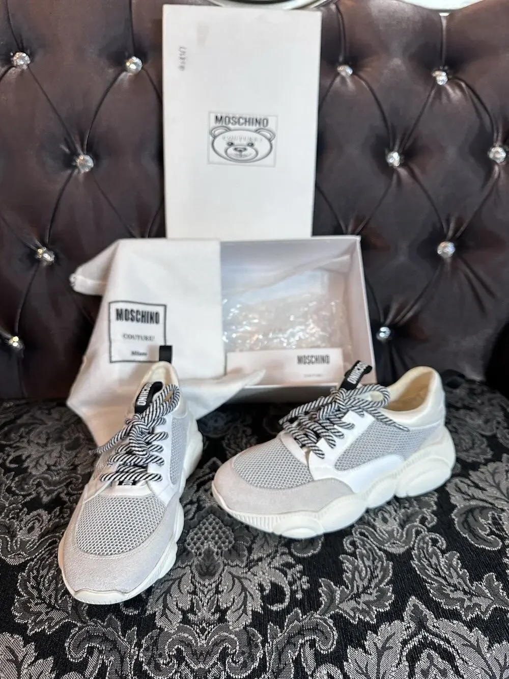 Moschino Shoes Womens 7 Teddy Bear Sneakers White Grey‎ Chunky Designer Mesh Box